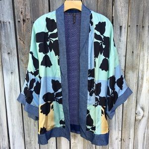 Manila Grace Floral Print Open Cardigan Jacket Viscose Silk Blue Black 2
